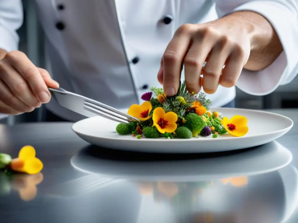 Un chef experto aplica técnicas francesas para presentación, con flores comestibles en un plato delicado