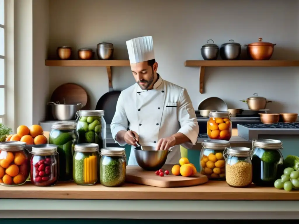 Un chef experto en técnicas de conservación de la gastronomía francesa prepara meticulosamente frutas y verduras en una cocina tradicional