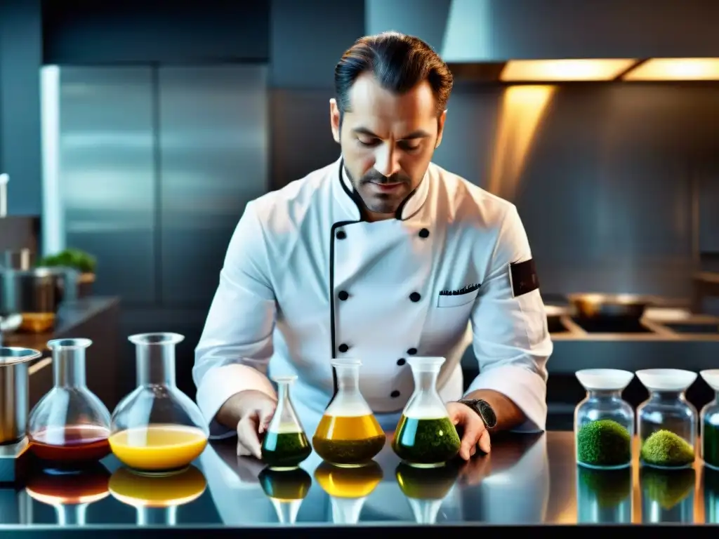 Chef experto en técnicas moleculares gastronomía francesa creando platos innovadores en cocina futurista