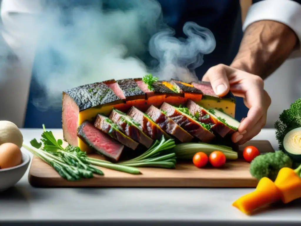 Un chef experto preparando una terrina francesa paso a paso con meticulosidad y arte