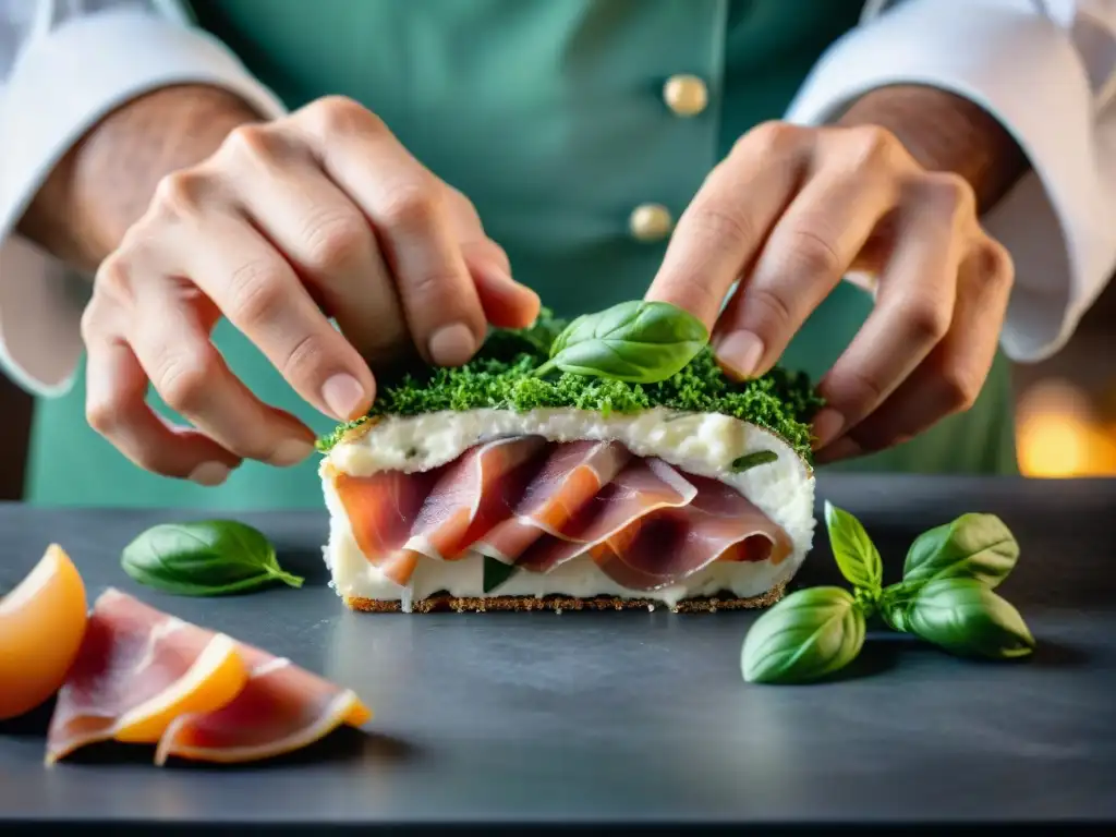 Un chef experto construye una terrina francesa paso a paso con prosciutto, albahaca y queso de cabra