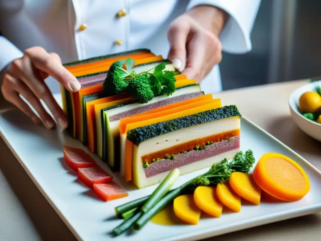 Un chef experto preparando una terrina francesa paso a paso con ingredientes coloridos