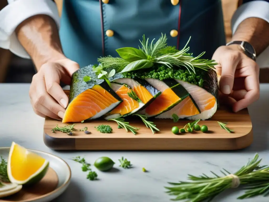 Chef experto preparando terrina de pescado francés con maestría y elegancia en cocina profesional