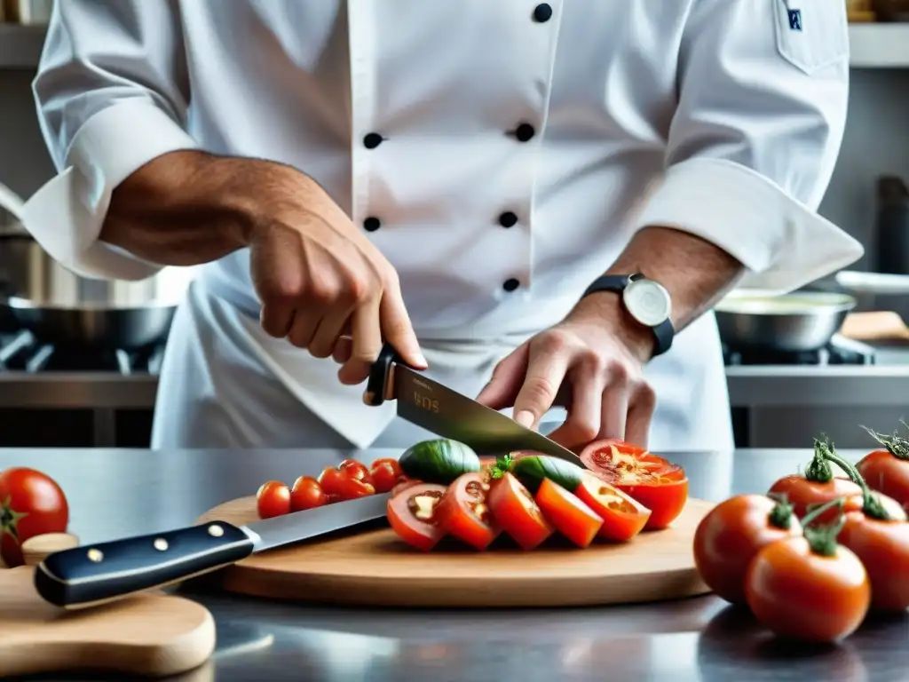 Un chef experto cortando tomate en cocina francesa con precisión y destreza