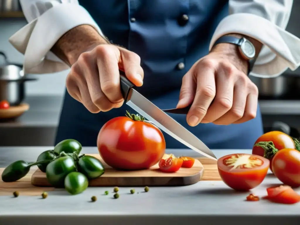 Un chef experto cortando tomate con precisión en cocina francesa