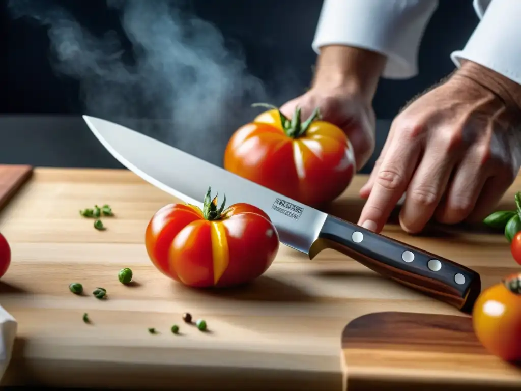 Un chef experto cortando tomate con cuchillo de chef, reflejando maestría y arte en la cocina francesa