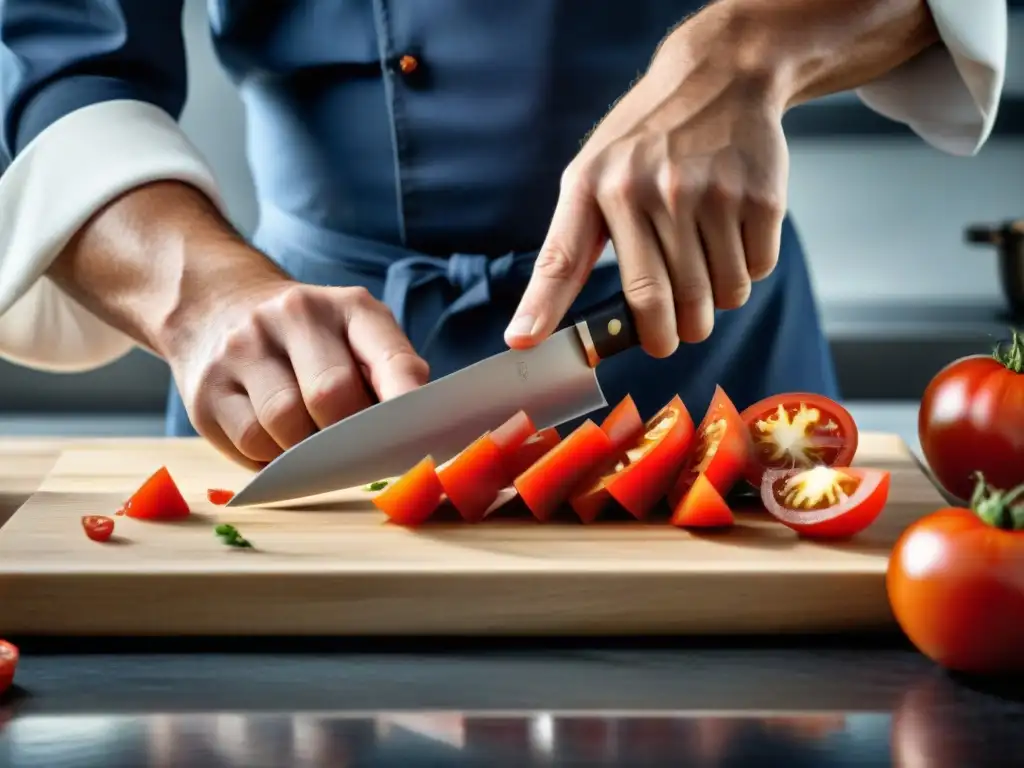 Un chef experto cortando precisamente un tomate maduro con un cuchillo afilado, reflejando la maestría de los cortes de cuchillos en cocina francesa