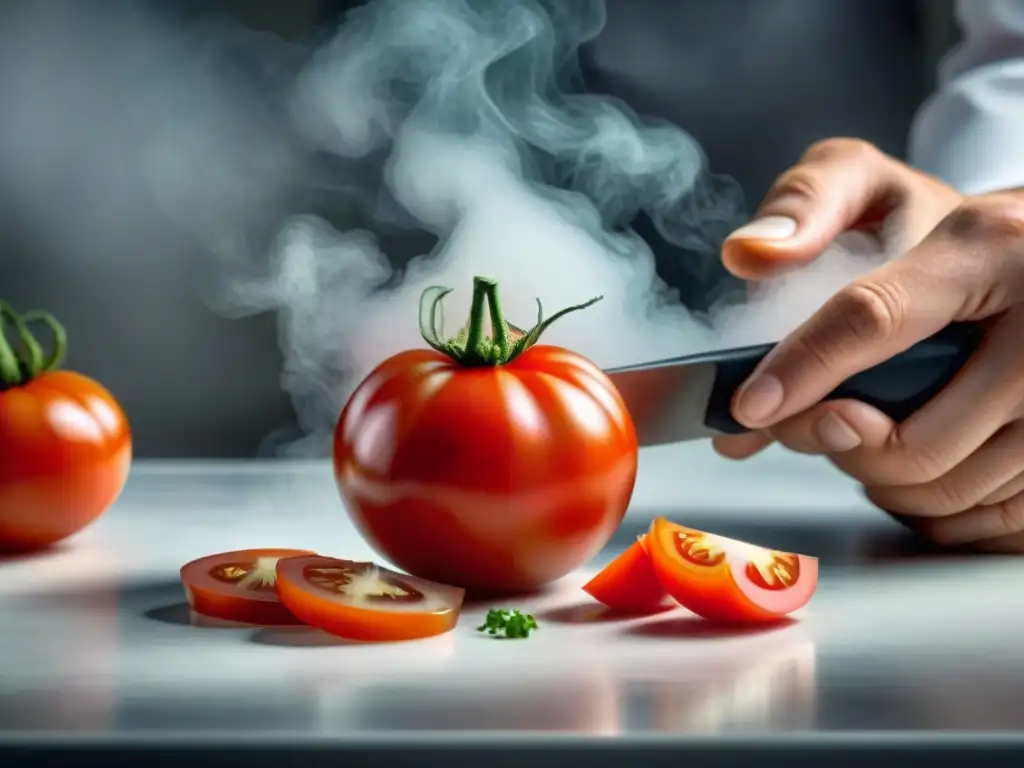 Un chef experto cortando tomate rojo con mandolina francesa, destacando cortes perfectos