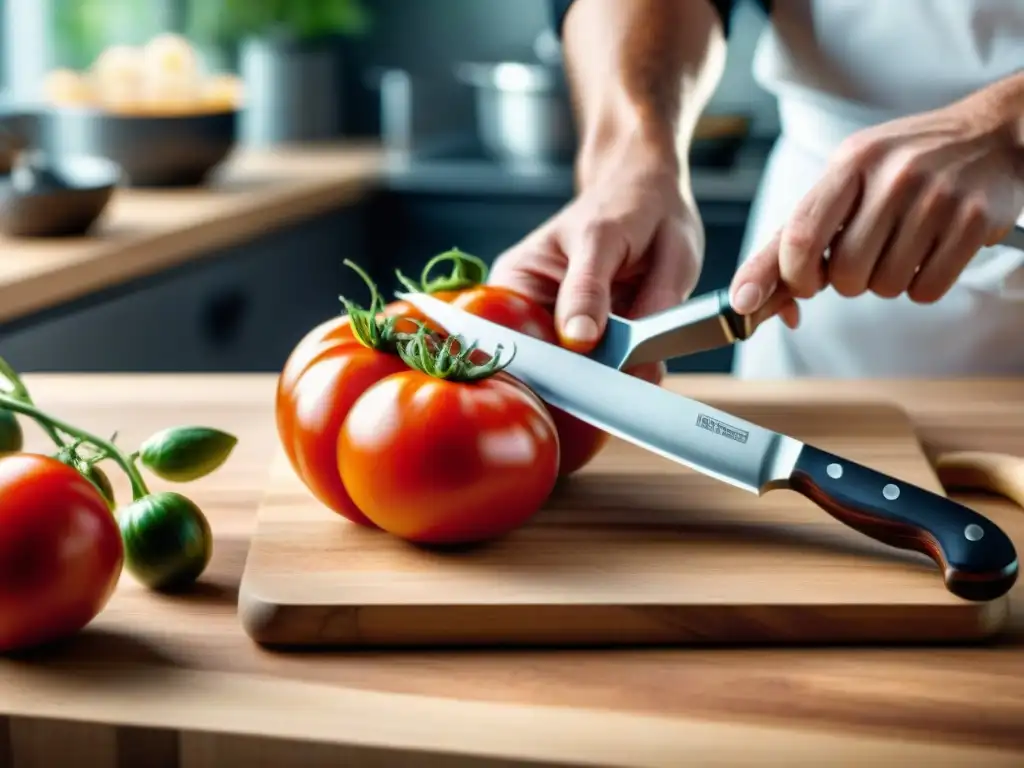 Un chef experto cortando tomate rojo con cuchillo chef en cocina francesa