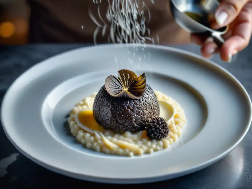 Chef experto rallando una trufa negra sobre risotto cremoso en cocina moderna, reflejando lujo y sofisticación