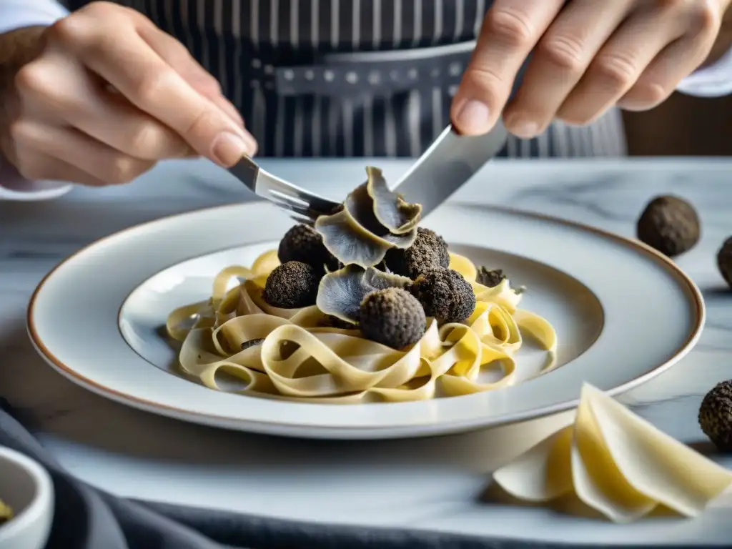 Un chef experto prepara tagliatelle con trufa negra francesa sobre una escena visualmente deslumbrante