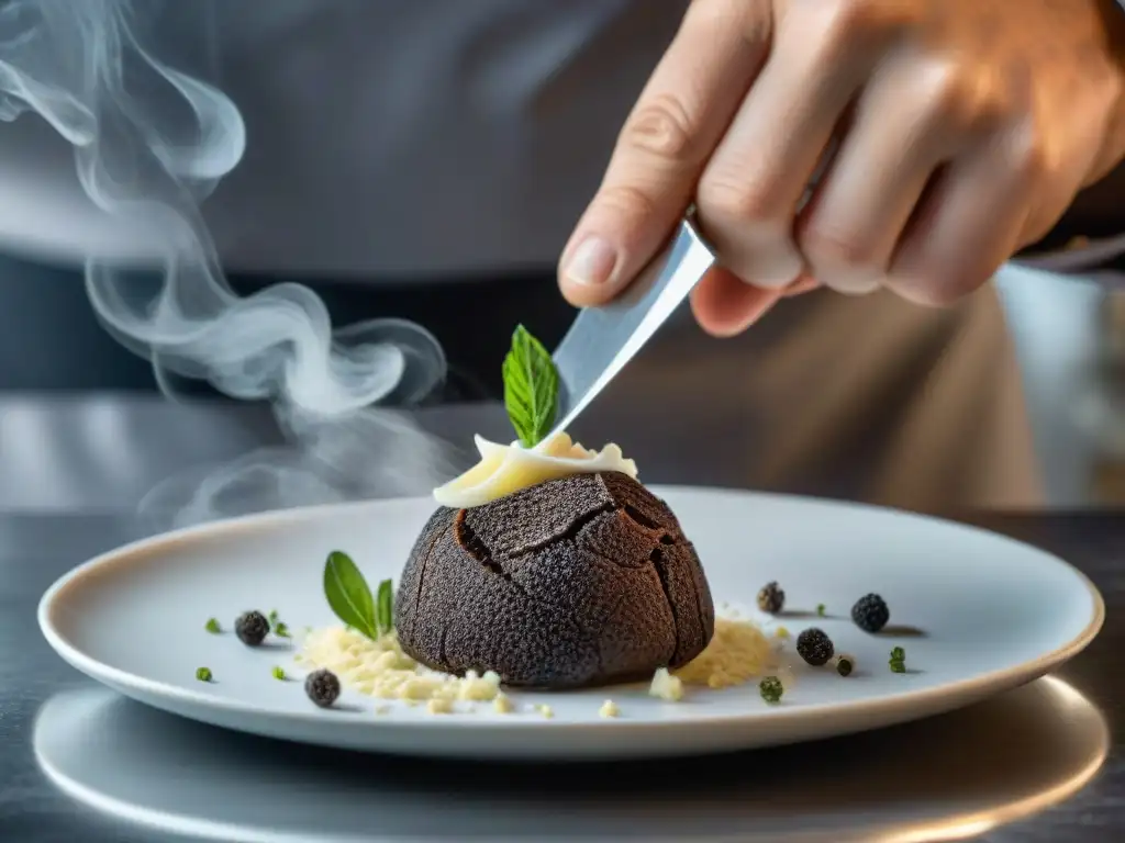 Un chef experto rallando una trufa negra Périgord sobre un exquisito plato, en una cocina profesional