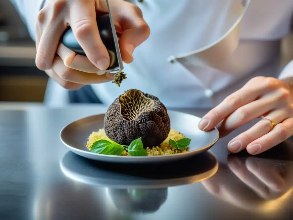 Un chef experto rallando trufas frescas sobre un exquisito plato en una cocina elegante