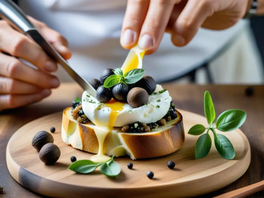 Un chef experto cortando trufas negras Périgord sobre bruschetta con burrata, aceite de oliva y chives frescos