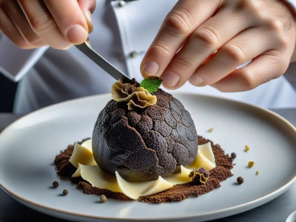 Un chef experto rallando trufas negras Périgord sobre un exquisito plato, mostrando la elegancia y lujo de este ingrediente