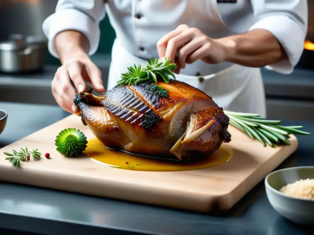 Chef experto sellando al vacío una pierna de pato con hierbas aromáticas para un Confit de Pato receta tradicional