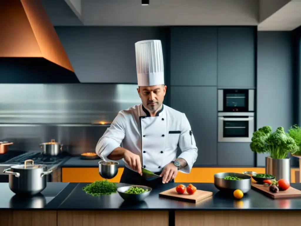 Un chef experto fusiona tradición y vanguardia en cocina francesa innovadora en un ambiente moderno y elegante