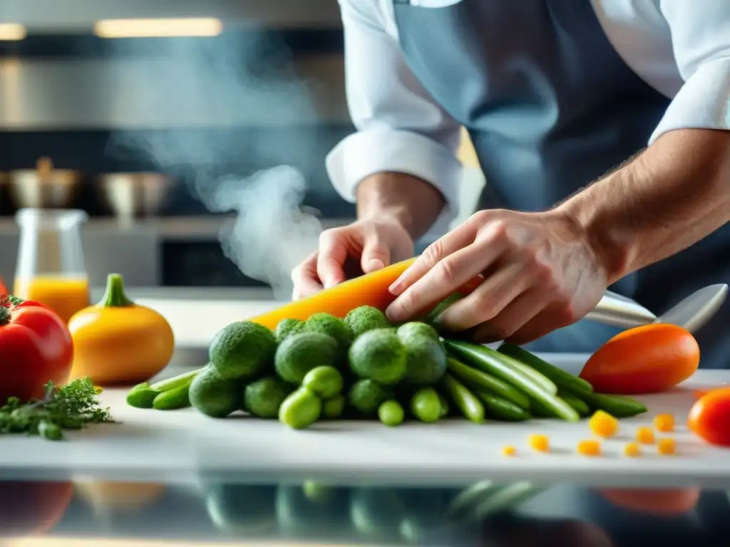 Un chef experto cortando vegetales con mandolina francesa en cocina moderna