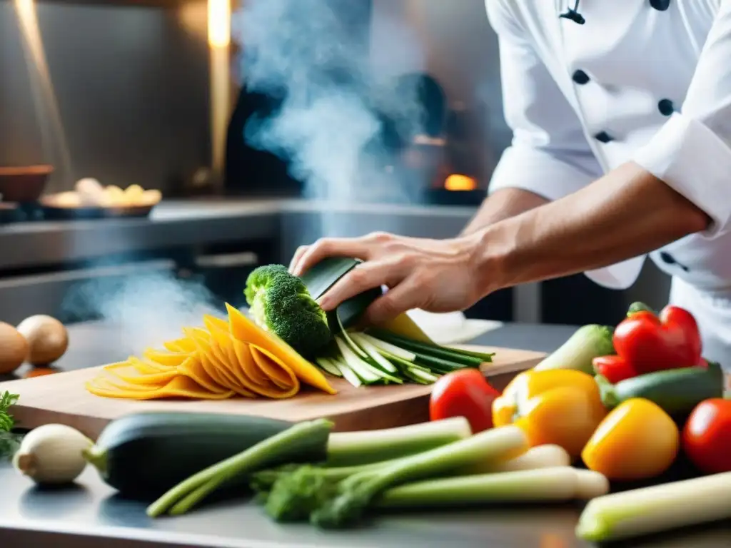 Un chef experto cortando vegetales con mandolina francesa para cortes perfectos en cocina profesional