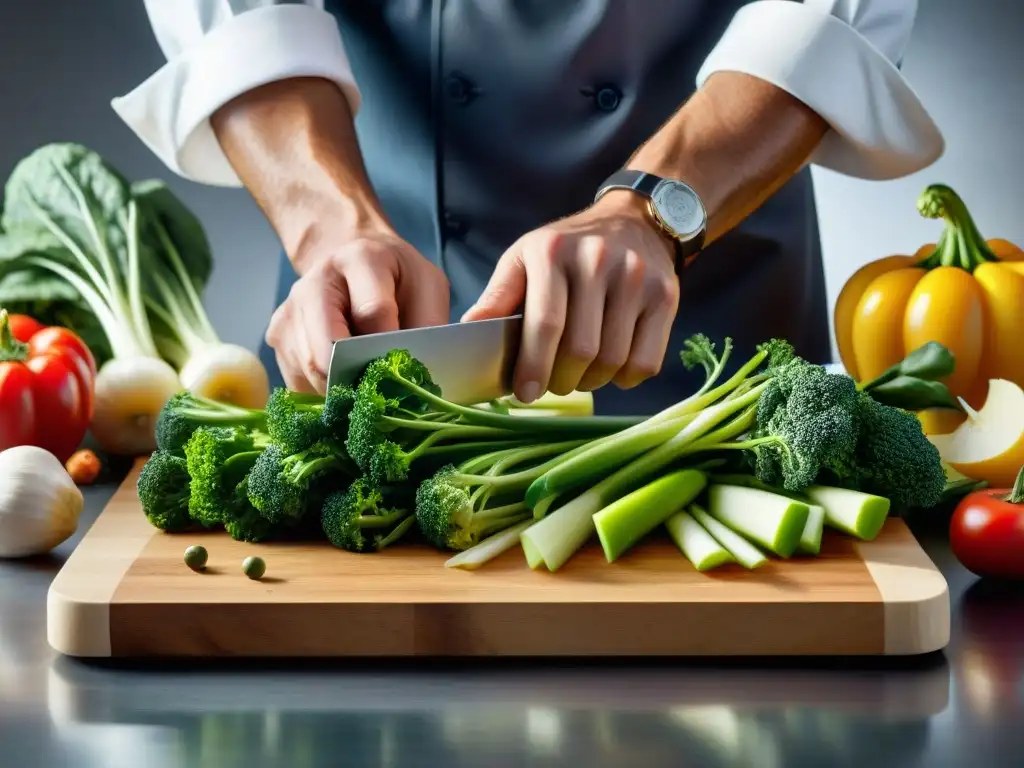 Un chef experto cortando vegetales con precisión en una tabla profesional