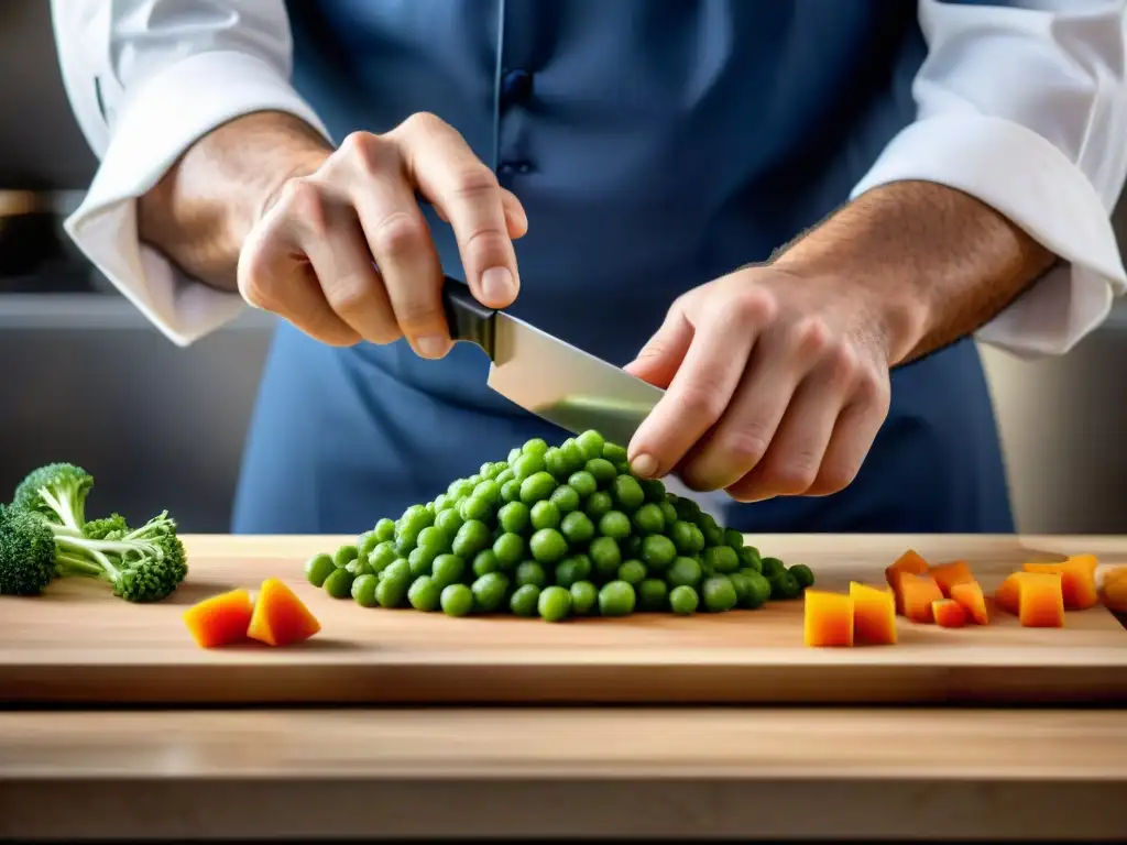 Un chef experto cortando verduras en brunoise, destacando la técnica brunoise en la cocina francesa