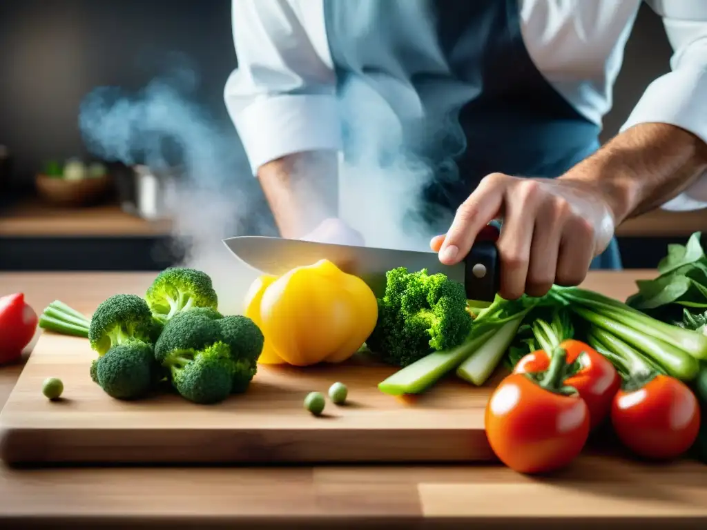 Un chef experto cortando verduras frescas en una tabla de madera, demostrando habilidad y precisión