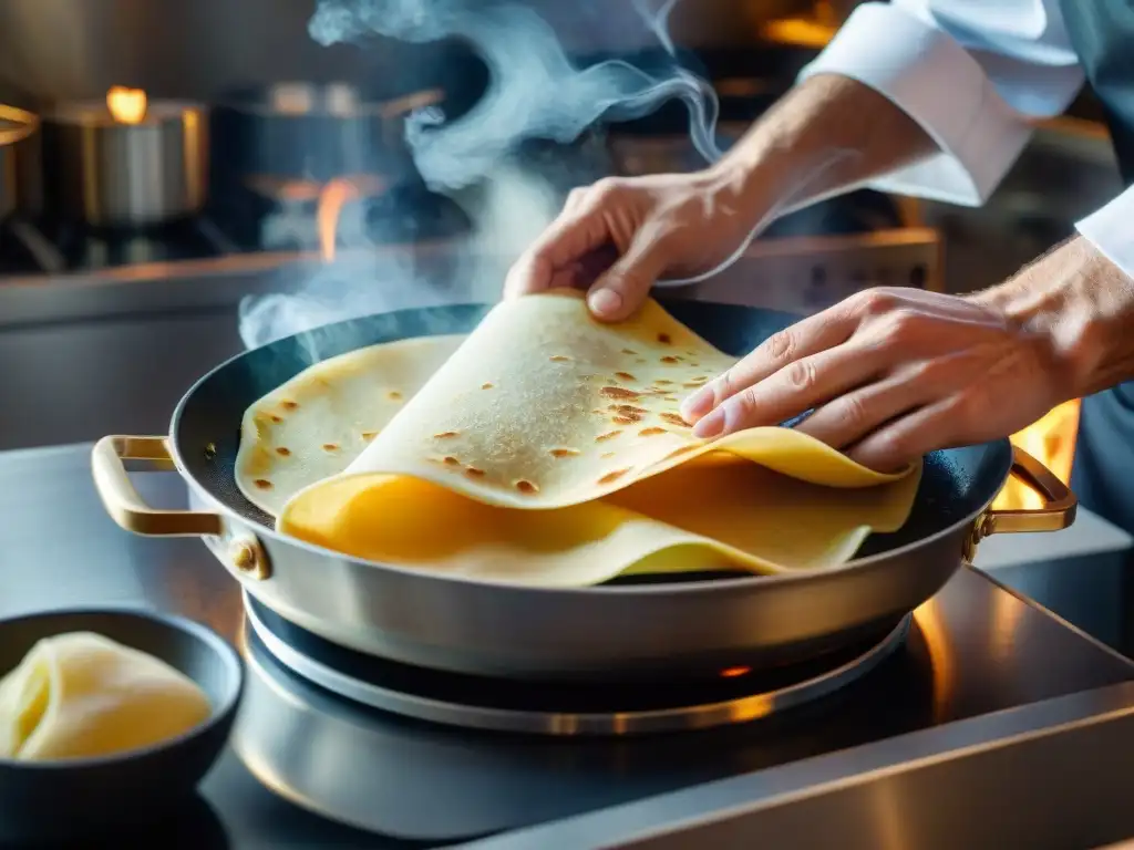 Un chef experto da vida a un crepe perfecto en sartén, revelando secretos crepes textura perfecta