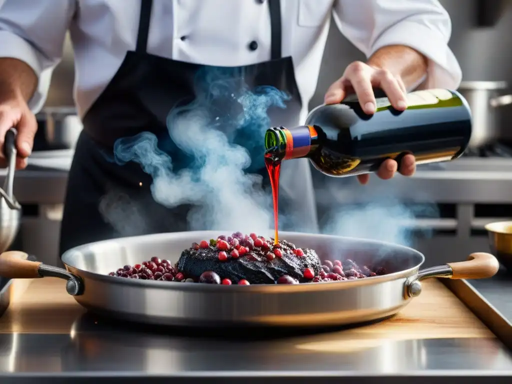 Un chef experto deglasea una sartén con vino tinto en un concurso de cocina, creando una explosión de vapor y aromas