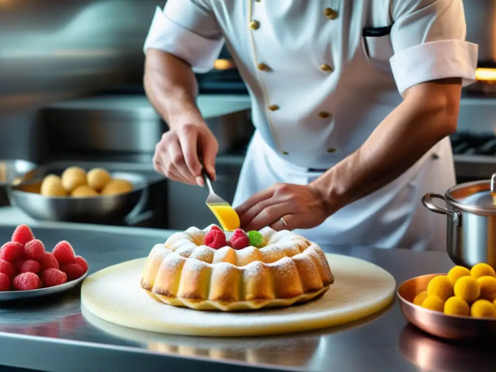 Un chef preparando una exquisita pastelería francesa rodeado de ingredientes frescos