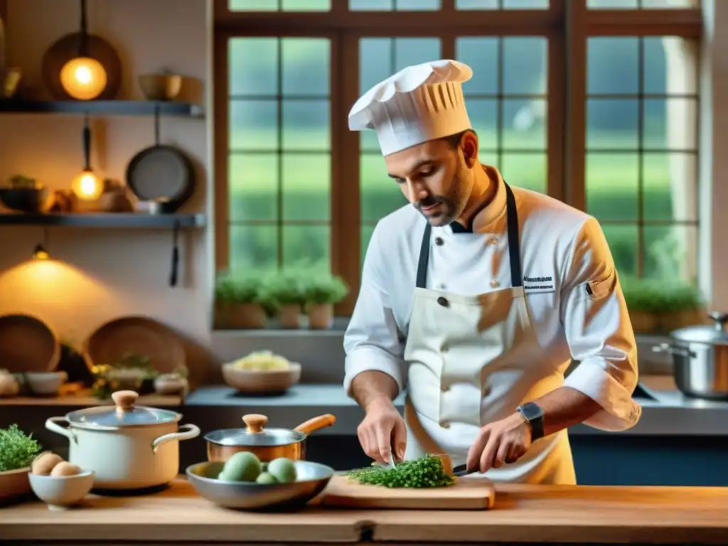 Un chef francés crea una exquisita receta en una cocina rústica