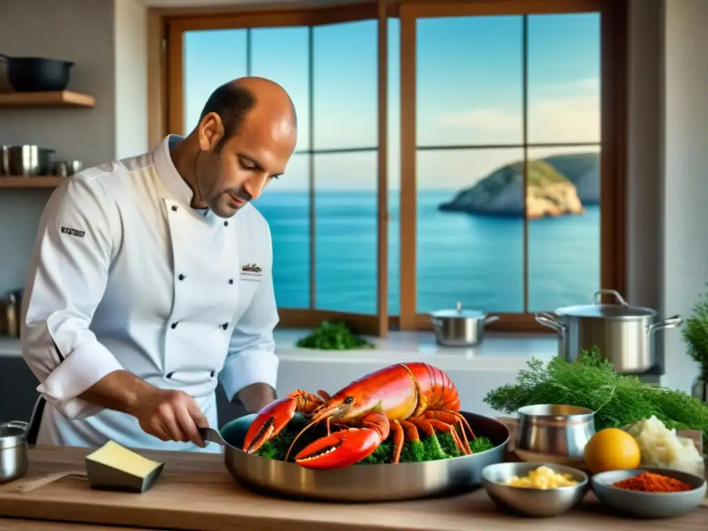 Un chef francés prepara una exquisita receta de langosta Armoricana en una cocina costera, destacando la gastronomía francesa