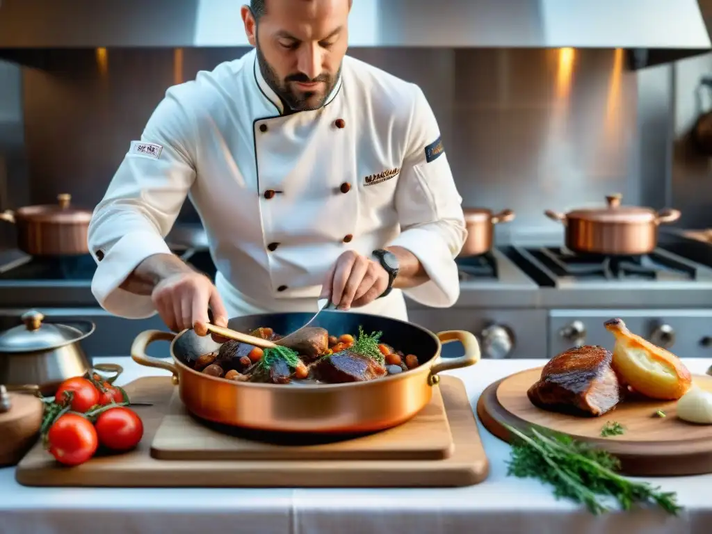 Un chef francés prepara un exquisito Coq au Vin en una cocina tradicional francesa