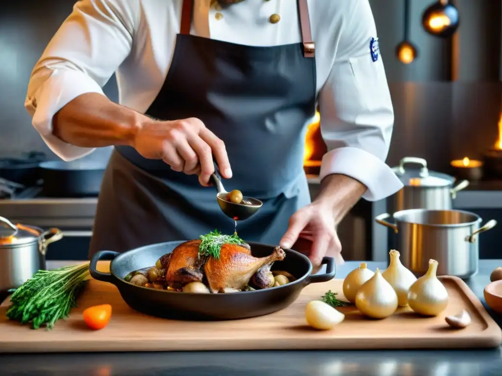 Un chef francés ensambla un exquisito Coq au Vin en una cocina tradicional, evocando técnicas culinarias en platos franceses