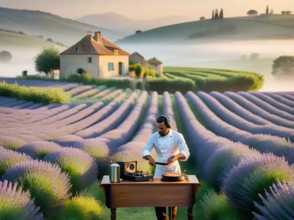 Un chef francés prepara un exquisito plato al son de la música clásica en un paisaje campestre francés con lavanda en flor