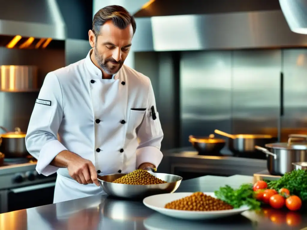 Un chef francés prepara un exquisito plato de lentejas en una cocina moderna