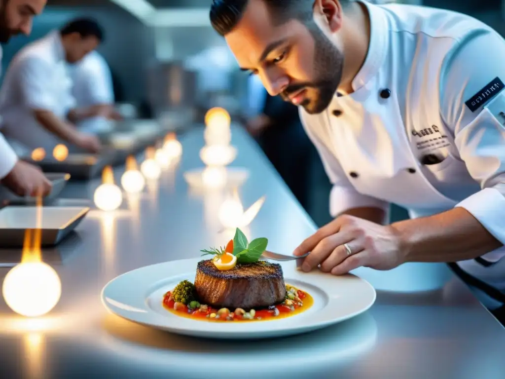 Un chef famoso en un concurso gastronómico, concentrado al plato principal