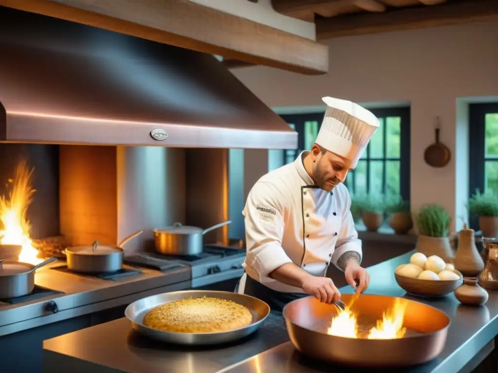 Un chef preparando flammekueche en una cocina alsaciana tradicional