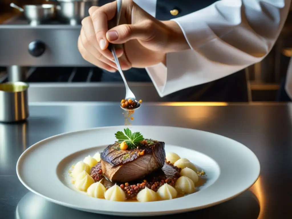 Chef francés esparciendo flor de sal sobre Coq au Vin en cocina profesional, destacando la importancia de flor de sal en la cocina francesa