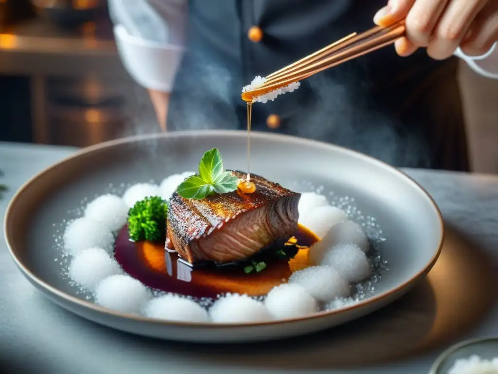 Un chef francés espolvorea delicadamente Flor de Sal sobre un exquisito Coq au Vin en una cocina sofisticada