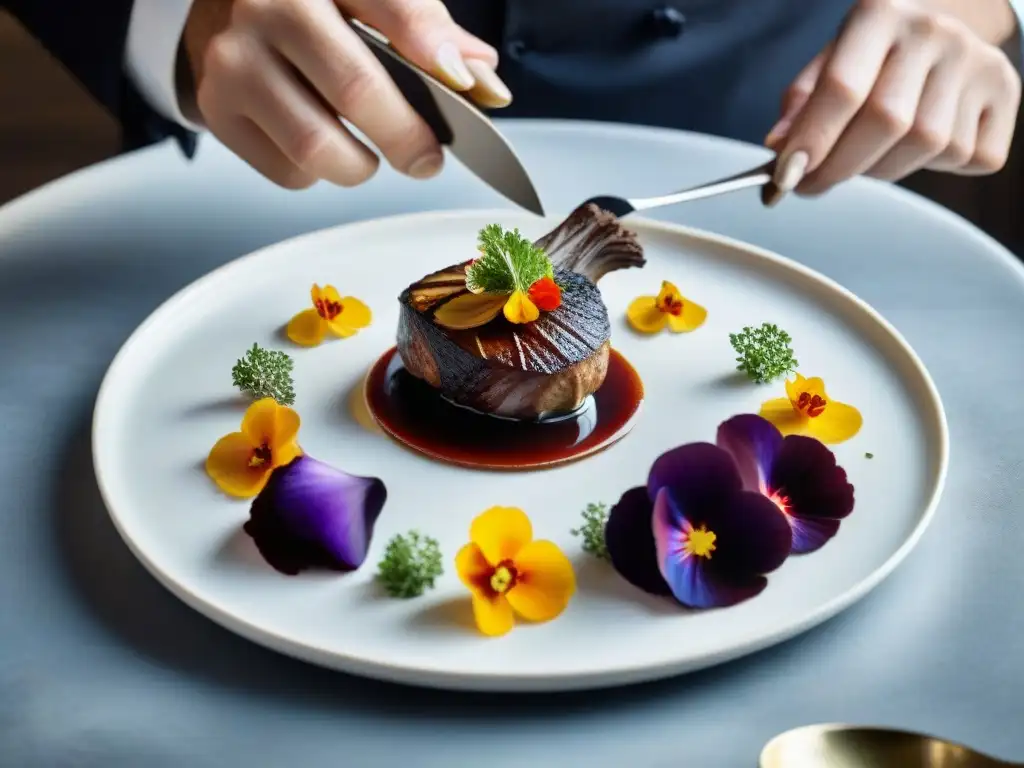 Chef francés arregla flores comestibles en coq au vin, revelando secretos presentación platos franceses