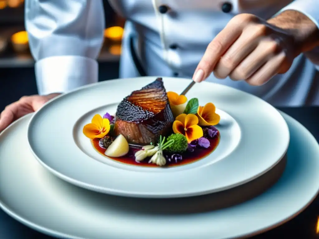 Chef colocando flores comestibles en un plato de Coq au Vin, resaltando la importancia en la presentación de platos gastronomía francesa