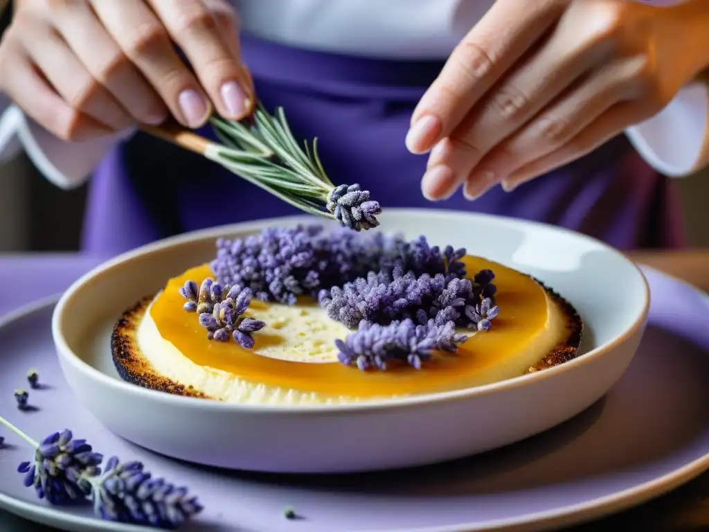 Chef esparciendo flores de lavanda sobre crème brûlée, resaltando la fusion de sabores en recetas con lavanda provenzal