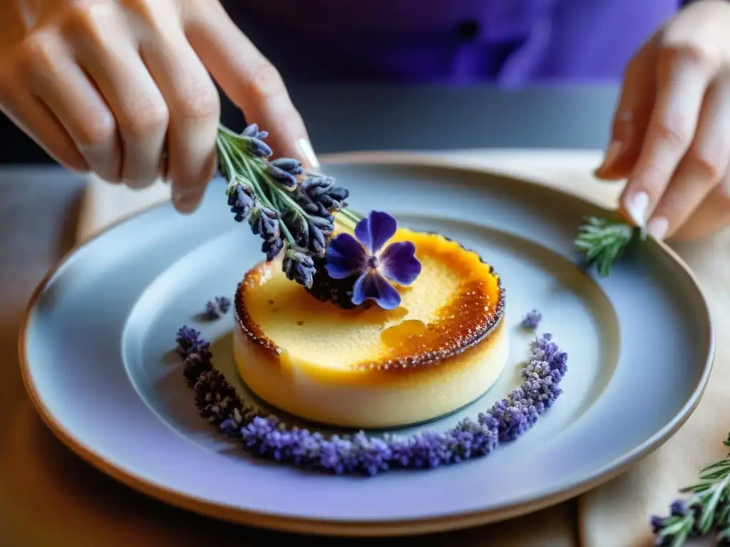 Un chef espolvorea flores de lavanda sobre un exquisito crème brûlée, resaltando la innovación culinaria provenzal