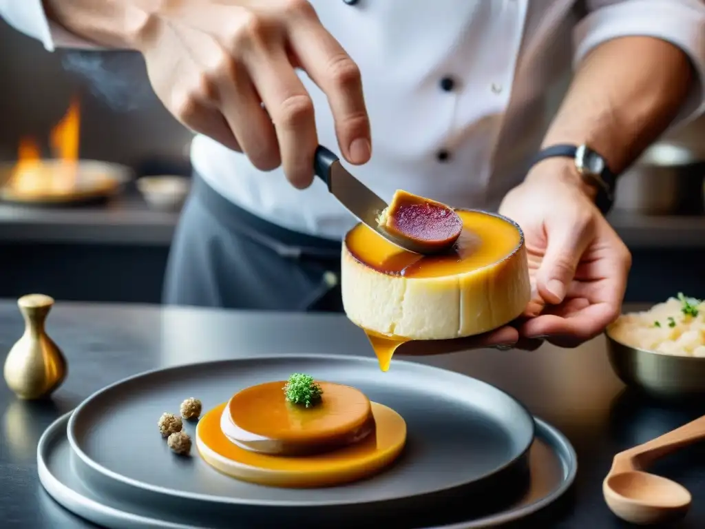 Chef dorando foie gras gourmet francés en sartén caliente, mostrando la delicadeza de la elaboración