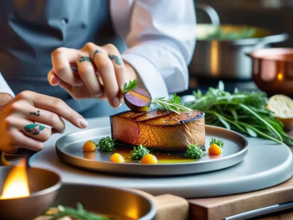 Un chef francés coloca un foie gras sobre hierbas frescas en una cocina tradicional