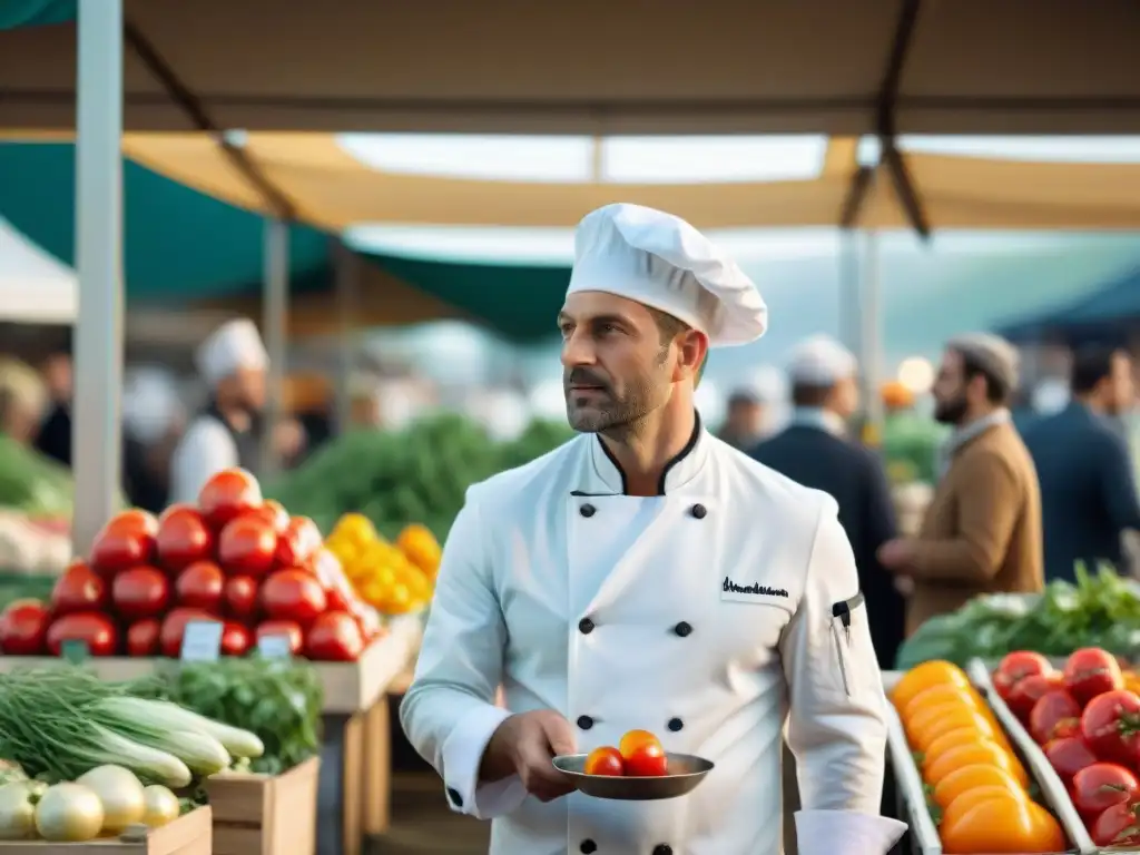 Un chef francés colaborando con agricultores en un bullicioso mercado de productos frescos en Francia