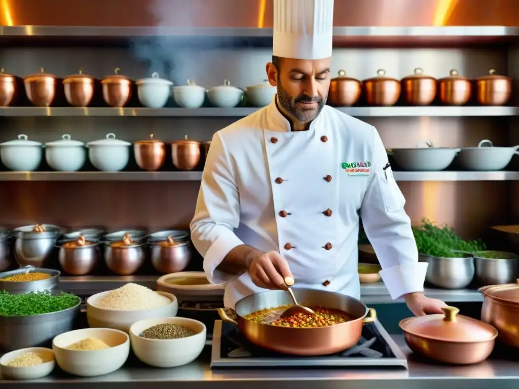 Un chef francés espolvoreando ajedrea en un estofado, creando un ambiente cálido y auténtico en una cocina rústica