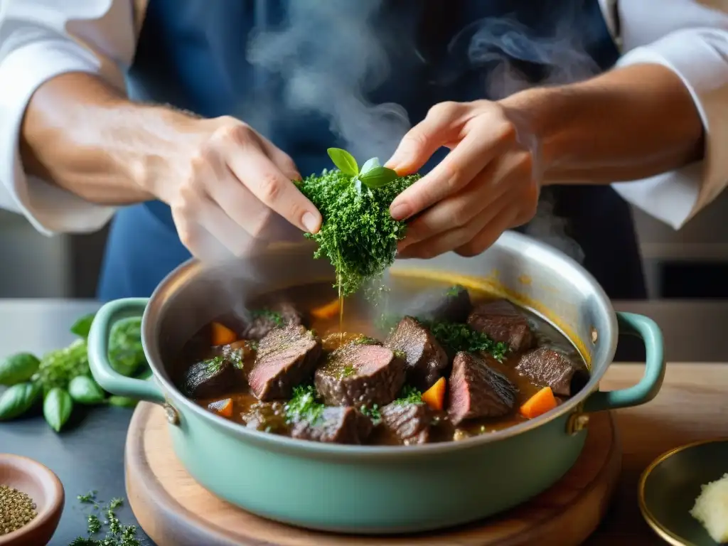 Un chef francés esparciendo ajedrea fresca sobre un estofado de carne, mostrando maestría culinaria