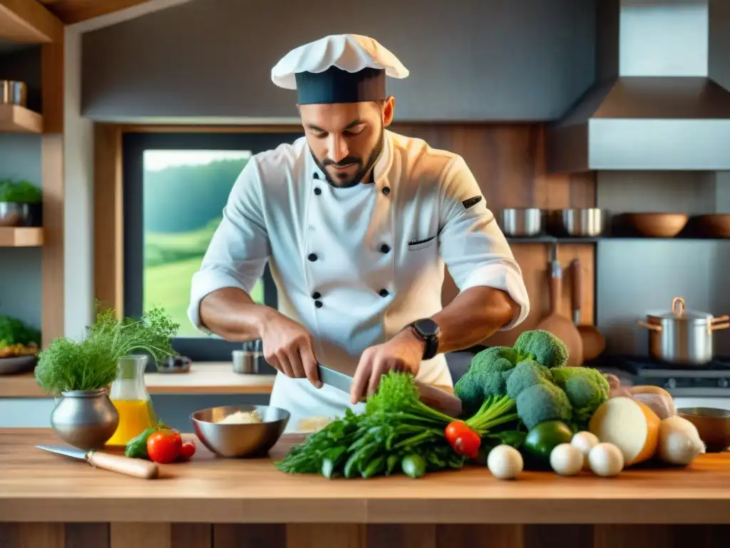 Un chef francés preparando alimentos con ingredientes de producción sostenible en una cocina tradicional