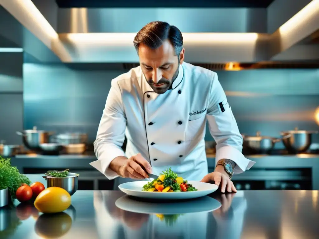 Un chef francés en un ambiente vanguardista creando una obra culinaria